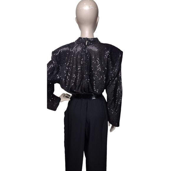 Vintage 80s Black High Shoulder Draped Deep V-Neck Sparkly Sequined Jumpsuit - Picture 8 of 10